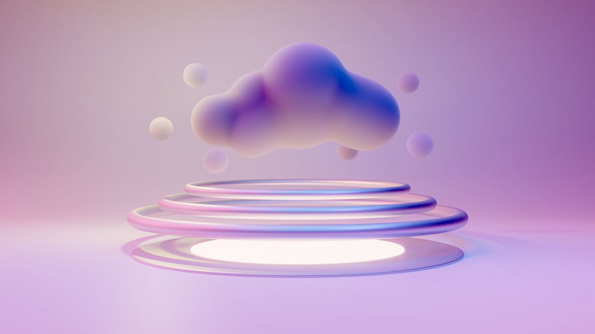 A cartoonish cloud in pink/purple hues above a floating platform